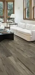 Bright living room featuring a white sofa, glass coffee table
