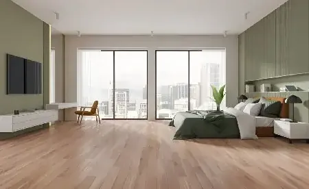 Modern bedroom featuring a large window with urban views